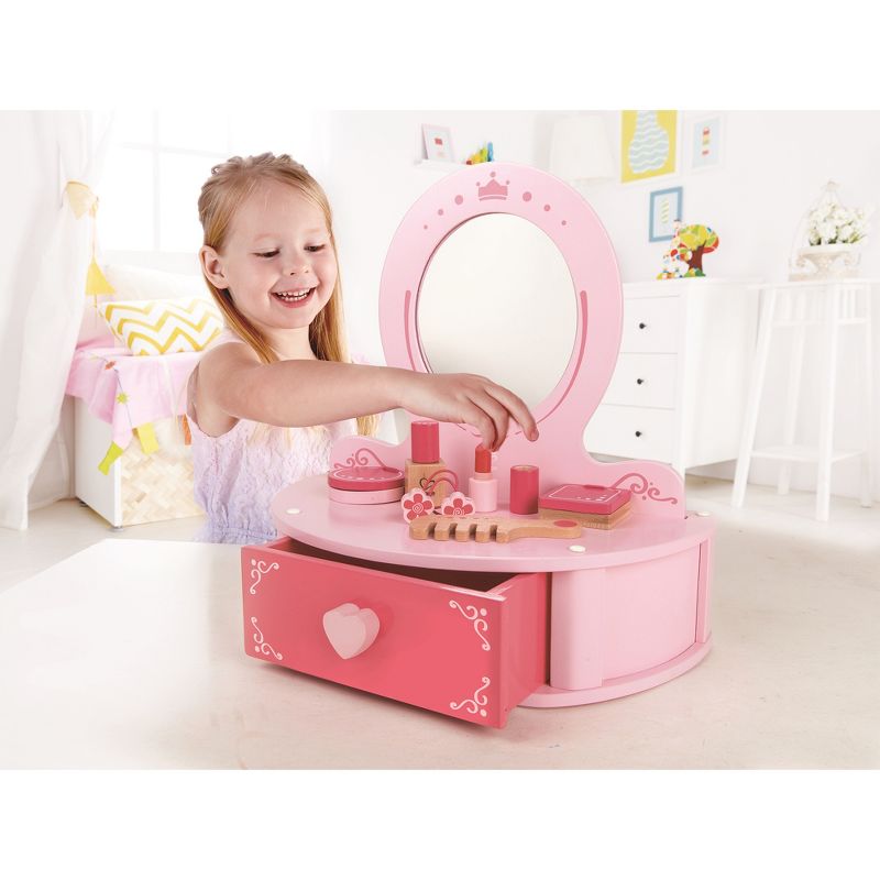 Hape Toys Petite Pink Vanity Toy Wooden Beauty Desk with Drawer, Mirror, and Pretend Makeup Kit, Hairbrush, Lipstick Roll, Compact, Perfume, and Puffs, 4 of 6