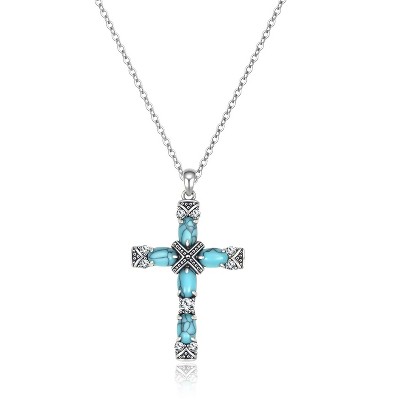 Molenia Turquoise Cross Pendant Necklace for Women, 925 Silver Western Bohemian Vintage Healing Faith Boho Jewelry, Christian Religious Christmas Gift