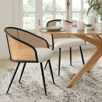 Jules Mesh Rattan Backrest Dining Chair Set of 4 with Black Metal Base,Armless Kitchen Chairs with Upholstered Bouclé Fabric-Maison Boucle