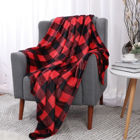 PiccoCasa Plaid Flannel Fleece Buffalo Soft Plush Blankets Fiery Red and Black 50