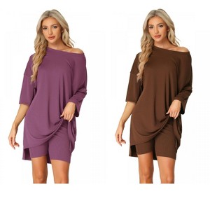 INSPIRE CHIC Women's 2 Pcs Knit Loungewear 3/4 Sleeve T-Shirt with Bike Shorts Pajama Set - 1 of 4
