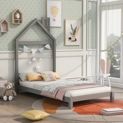 ALEXOUN Twin Size Floor Bed with House-Shaped Headboard for Kids, Wooden Twin Floor Platform Bed Frame with Slat Support,No Box Spring Needed