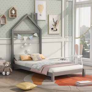 ALEXOUN Twin Size Floor Bed with House-Shaped Headboard for Kids, Wooden Twin Floor Platform Bed Frame with Slat Support,No Box Spring Needed - 1 of 4