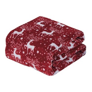 Plazatex Red Reindeer All Season Plush Decorative Christmas Throw Blanket 50" X 60" Red - 1 of 4