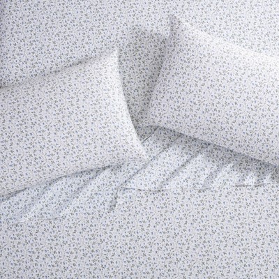 Blue Floral Print Cotton Queen Sheet Set