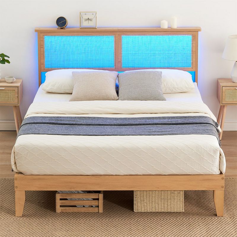 Bed Frame with Rattan Headboard, Platform Bed Frame with LED Lights and Wood Headboard, Strong Wooden Slat, Mattress Foundation, Noise Free, No Box Spring Needed, 2 of 7