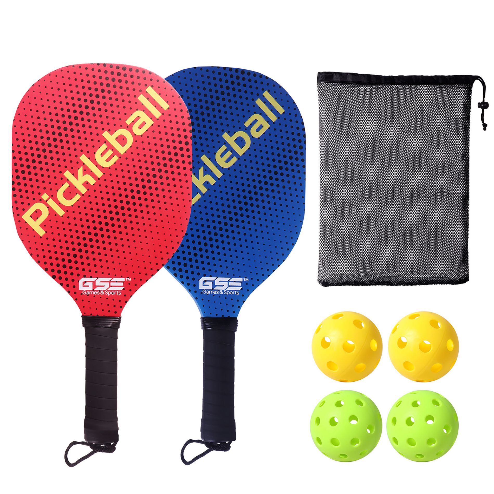 GSE Red&Blue Pickleball Bundle Set with Mesh Carrying Bag (2 Paddles/4 Balls)