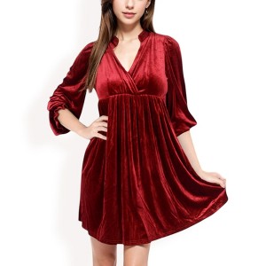 Anna-Kaci Women's Velvet Dress with V-Neck and Long Sleeves - 1 of 4