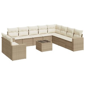 vidaXL 11 Piece Patio Sofa Set with Cushions Beige and Cream Poly Rattan - With Table - 1 of 4