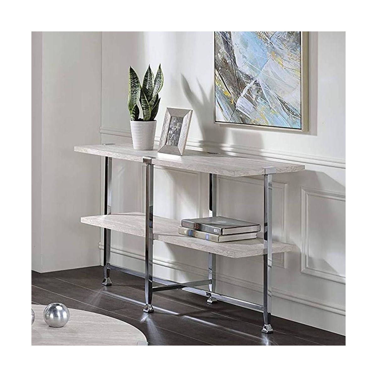 Acme Furniture Brecon Console Table White Oak/Chrome Finish - thumbnail 2
