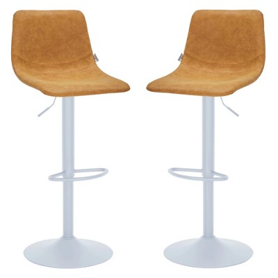LeisureMod Tilbury Bar Stools with White Iron Base – Adjustable Height Counter Stools with Leather Seat, Swivel Function & Footrest Set of 2