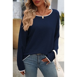 V For City Women's Contrast Trim Long Sleeve Crewneck Sweater Pollover Tops - 1 of 4