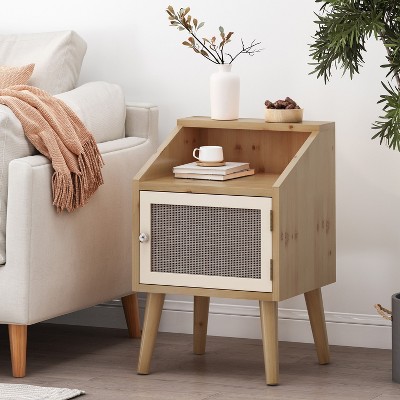 Okak Modern End Table with Storage Shelf and Drawer, Side Table with Sturdy Legs, Couch Table for Sofaside, Living Room, Bedroom, Natural+White