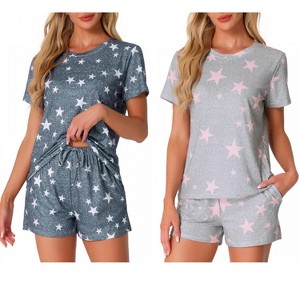 INSPIRE CHIC Women's 2Pcs Pajama Set Round Neck Short Sleeve Top and Drawstring Shorts Loungewear Set - 1 of 4