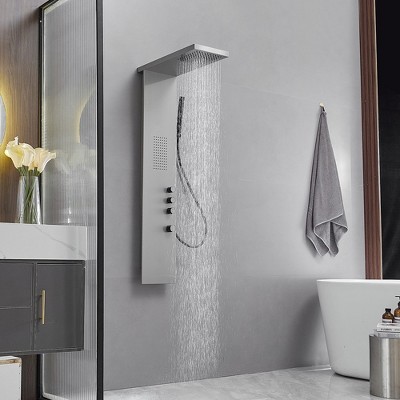 Brushed Nickel Multi-Function Shower Panel with Rainfall and Massage Jets