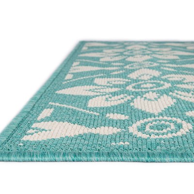 Teal Floral Flat Woven Stain-Resistant 4' x 6' Outdoor Rug