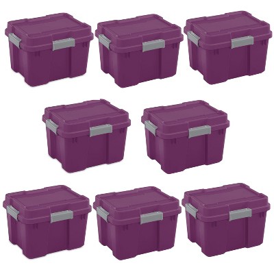 Sterilite 20 Gallon Heavy Duty Plastic Gasket Tote Stackable Storage Container Box w/ Lid & Latches for Home Organization, Exotic Purple/Gray (8 Pack)