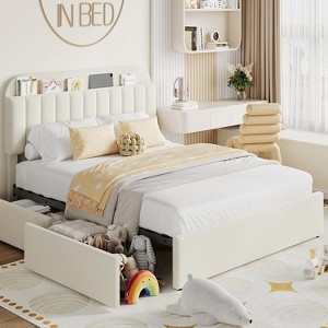 Twin XL Storage Headboard Bed Frame w/ 2 Drawers & Boucle Platform,Bed with Bookcase,No Box Spring, Easy Assembly Kids Bed - 1 of 4