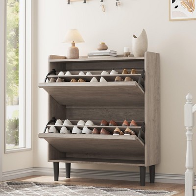 Shoe Cabinet with 2 Flip Drawers, Wooden Shoe Organizer Cabinet with Adjustable Shelf, Shoe Storage for Entryway