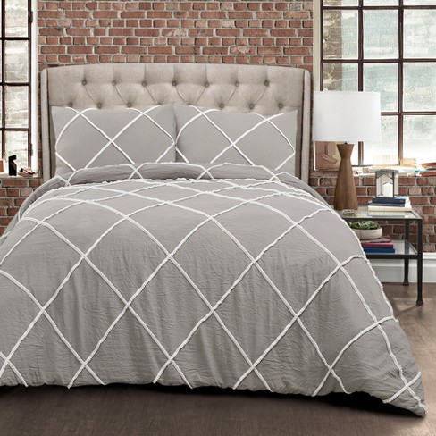 3pc Full Queen Diamond Pom Pom Comforter Set Gray Lush Dcor Target