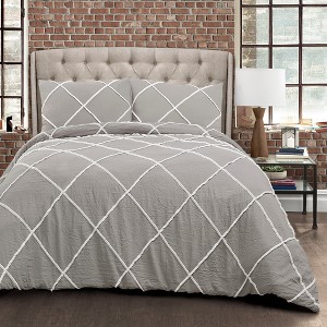 3pc Full/Queen Diamond Pom Pom Comforter Set Gray - Lush Décor