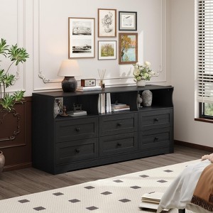 63 in Dresser for Bedroom, 6 Drawer Dresser with LED Lights & Charging Station, Wood Chest of Drawers with Open Shelves - 1 of 4