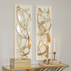 Set of 2 Metal Abstract Dimensional Wall Decors with Wood Backing Gold - Olivia & May - 1 of 4