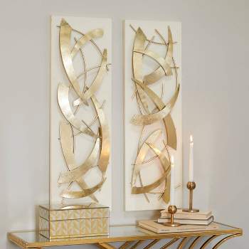 Set of 2 Metal Abstract Dimensional Wall Decors with Wood Backing Gold - Olivia & May