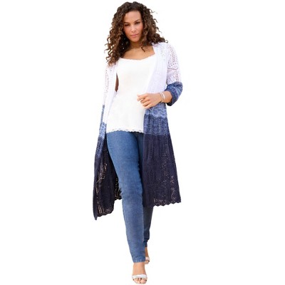 Roaman's Women's Plus Size Knee-Length Pointelle Cardigan