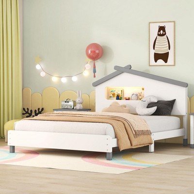 Full Size Wood Platform Bed with House-Shaped Headboard and Motion Activated Night Lights, No Box Spring Needed Gray
