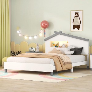 Full Size Wood Platform Bed with House-Shaped Headboard and Motion Activated Night Lights, No Box Spring Needed Gray - 1 of 4