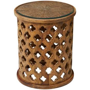 Rustic Quatrefoil Carved Wood Accent Table Brown - Olivia & May