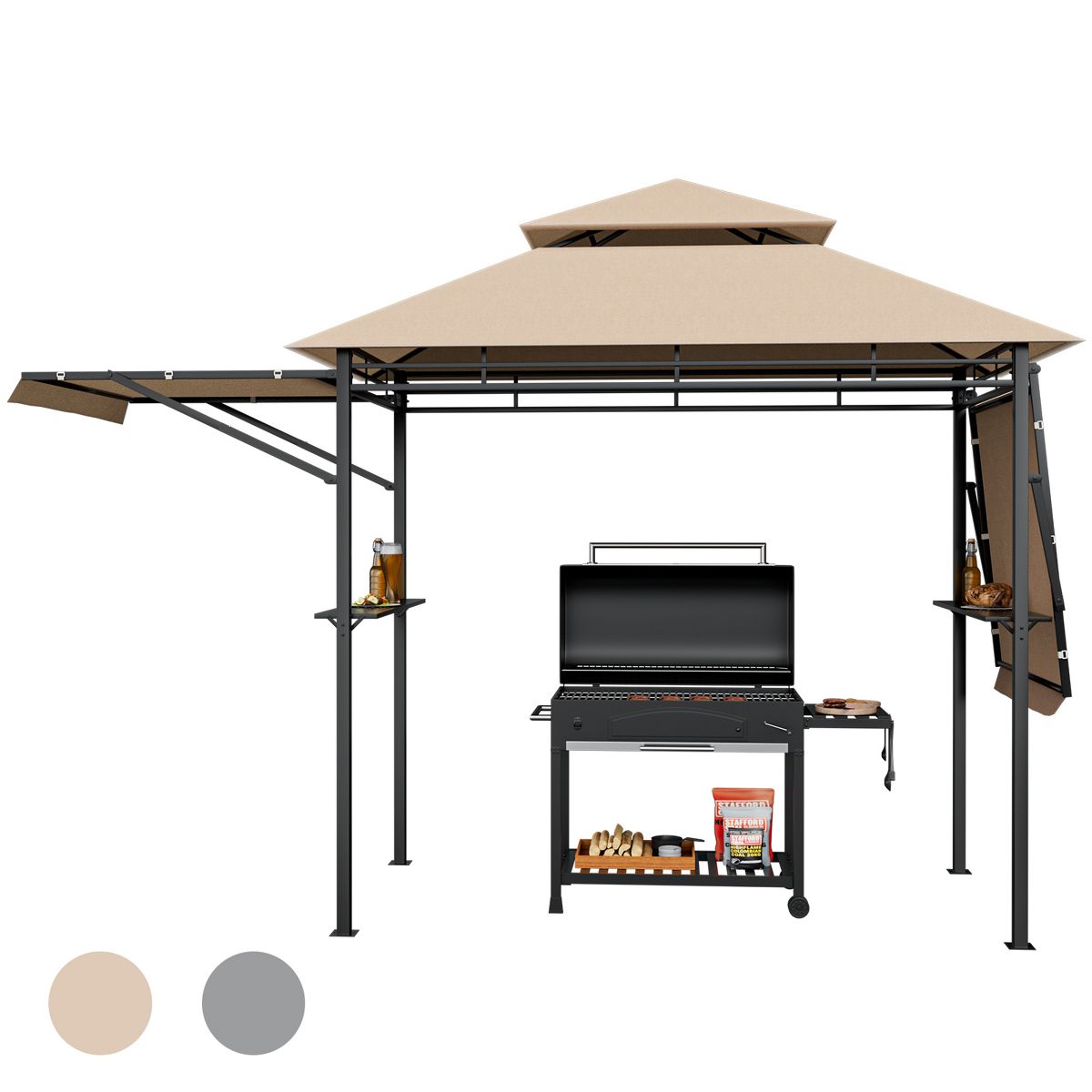 Costway 13.5'x 4'Patio BBQ Grill Gazebo Side Awnings Shelves 2-Tier Canopy Outdoor