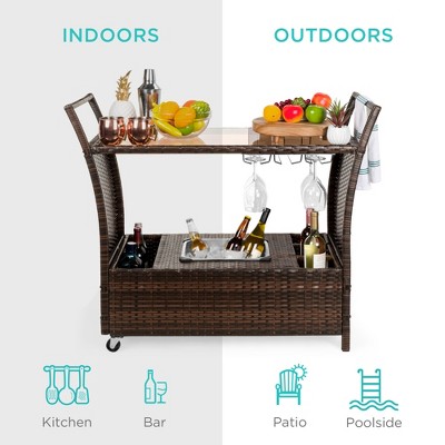Elegant Outdoor Wicker Bar Cart with Tempered Glass Top and Ice Bucket - Brown