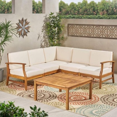 Outdoor Sectional Sofa Set, 5 Seater Acacia Sofa Set with Cushions and Pillows, 6 Pcs Sofa with Wood Frame and PE Cushions-Coolbibila