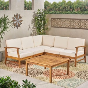 Outdoor Sectional Sofa Set, 5 Seater Acacia Sofa Set with Cushions and Pillows, 6 Pcs Sofa with Wood Frame and PE Cushions-Coolbibila - 1 of 4
