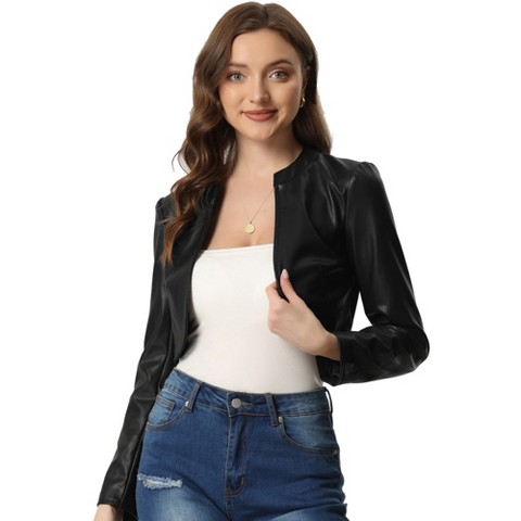Женские куртки INSPIRE CHIC Women's PU Bolero Open Front Leather Cropped Long Sleeve Jacket Medium Black