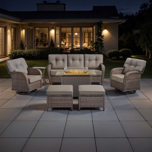 Belord Outdoor Wicker Patio Furniture Set with 41" Propane Fire Pit Table, Swivel Patio Chairs Set with Sofa Couch, Fire Pit Table and Ottoman - 1 of 4