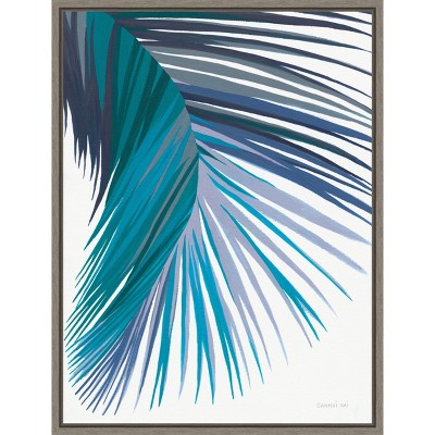 Retro Palm Leaf II Cool Aqua and Turquoise Canvas Art with Greywash Frame