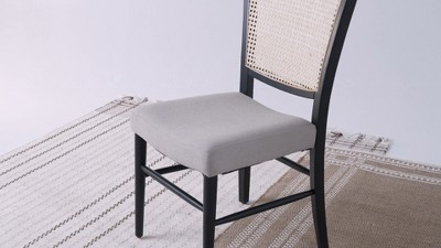 Antiqued White Upholstered Cane Back Wooden Side Chair, Set of 2