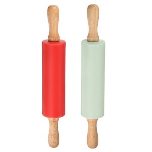 Unique Bargains Silicone Smooth Non-Stick Wooden Handle Kitchen Rolling Pin 2 Pcs - 1 of 4