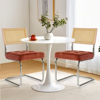 Set of 2 Kylie 20.5" Wider Flannel Upholstered Tufted Seat With Metal Chrome Legs and Woven Rattan Backrest Dining Chairs - Maison Boucle
