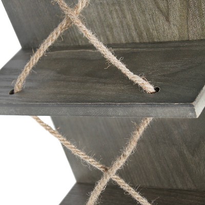 Rustic Gray Pine Wood Wall-Mounted Wine Rack with Natural Rope Accents
