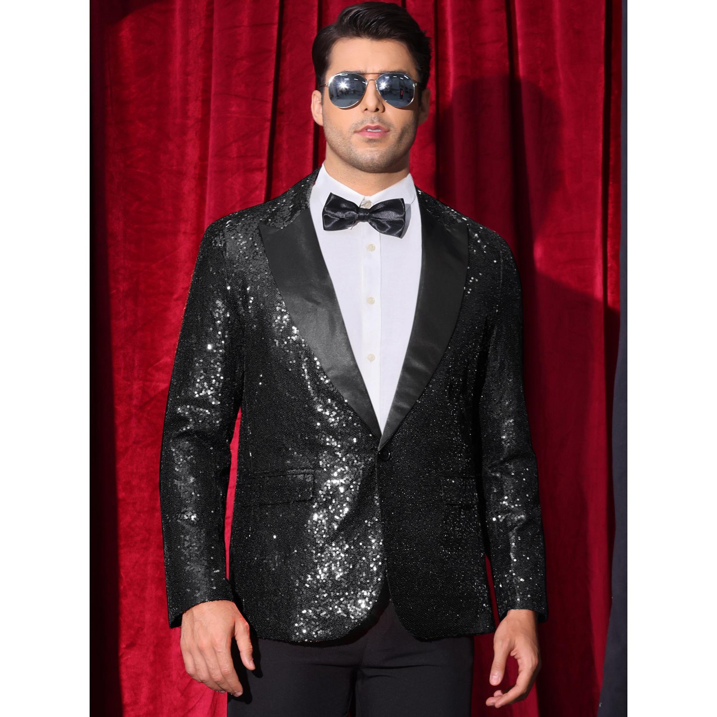 Мужские пиджаки Lars Amadeus Peak Lapel Glitter Sequin Wedding Sparkly Blazers Black, цвет: Чёрный — фото 2