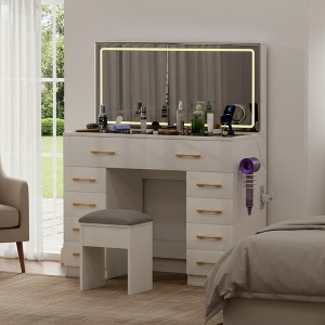 FONTOI 46"W Makeup Vanity Table Desk with Mirror 10 Drawers and Stool with Silent Slides for Bedroom Dressing Room, White, 48.82"*26.77"*10.04" - 1 of 4