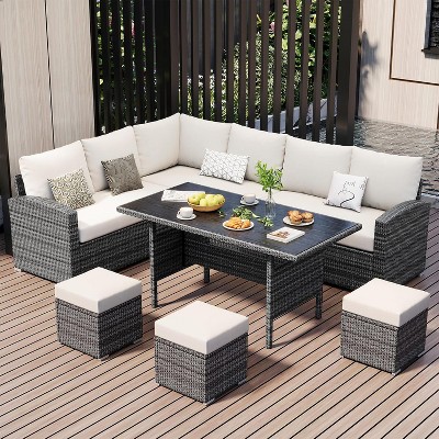 7 Pieces Outdoor Dining Set, All-Weather Rattan Sectional Sofa & Chairs, Patio Conversation Set for Poolside, Garden, Porch