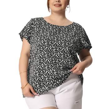 Agnes Orinda Women's Plus Size Floral Print Short Sleeve Ruffle Casual Pleasant Tops