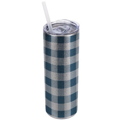 Elanze Designs Silvertone Sparkle 20 Ounce Double Wall Stainless Steel Glitter Travel Tumbler With Sliding Lid And Straw, Flannel Gingham Pattern