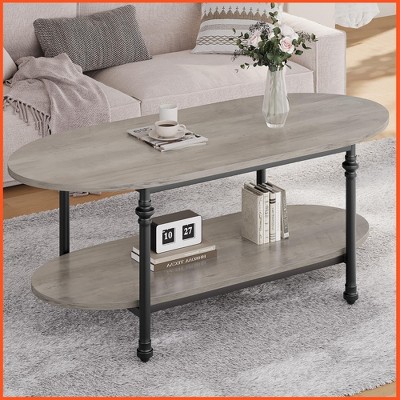 Homhougo Oval Coffee Table Unique Tea Table 47.2" Mid Century Cocktail Table Low Storage Coffee Table 2 Tier