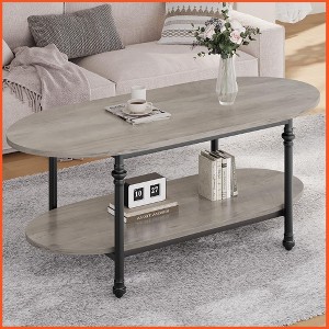 Homhougo Oval Coffee Table Unique Tea Table 47.2" Mid Century Cocktail Table Low Storage Coffee Table 2 Tier - 1 of 4